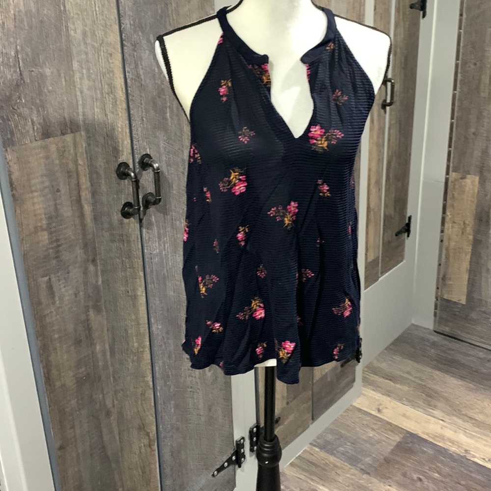 Lucky Brand V neck floral stripe tank. Black with pink. Have size Small and XS.